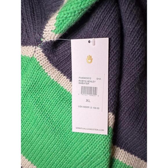 New Spiritual Gangster Womens XL Navy Green Stripe Cropped V-Neck Sweater - Picture 4 of 6